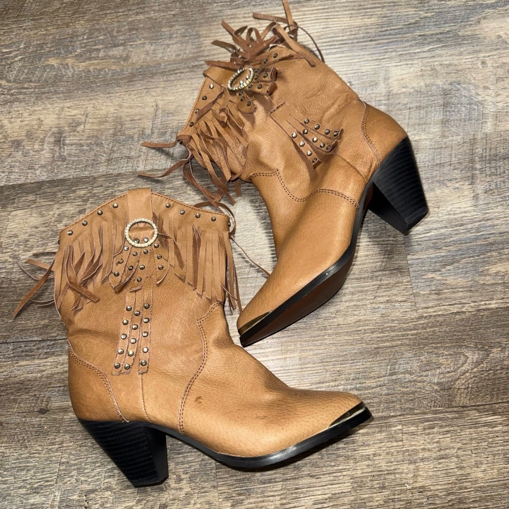 Santa Fe Boot Co Tan Leather Fringe Studded Western Ankle Boots Women 8M SFW502 - Picture 3 of 11